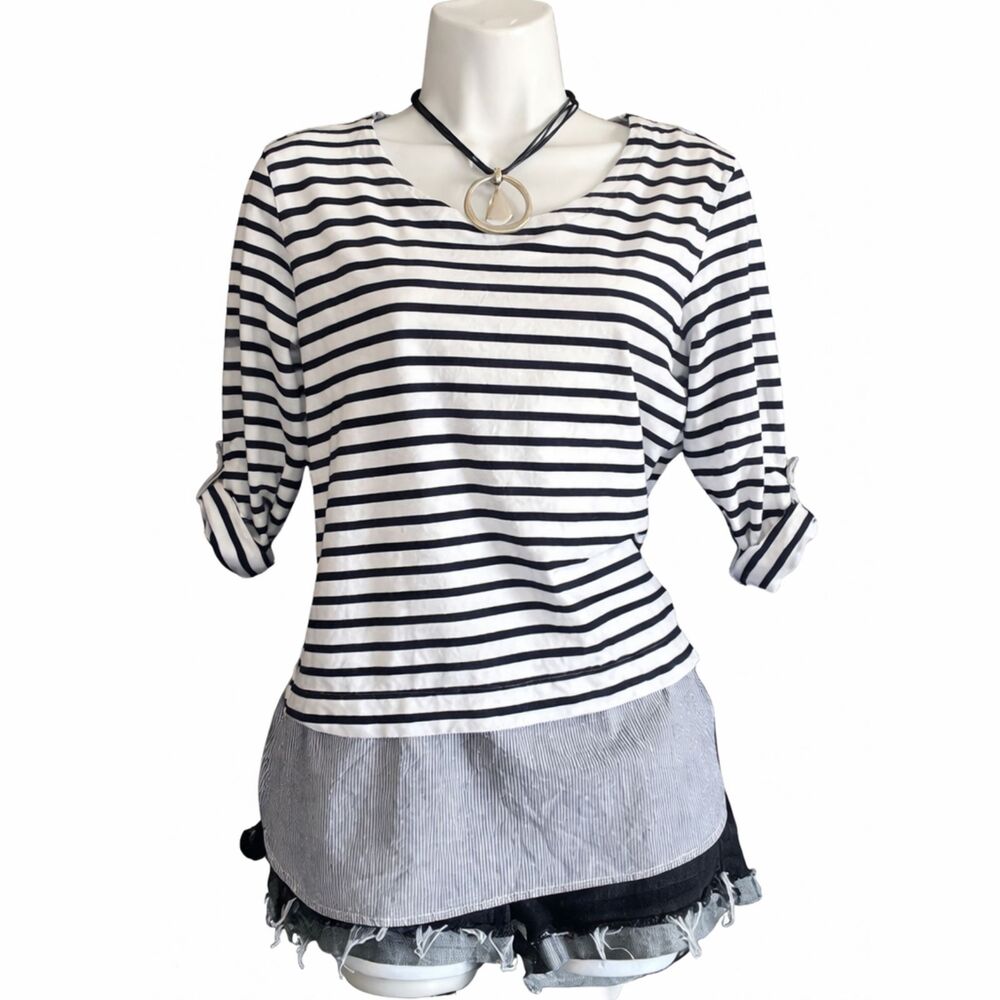 Lili’s Closet Blue White Striped Roll Tab 3/4 Sleeve Tunic Top M